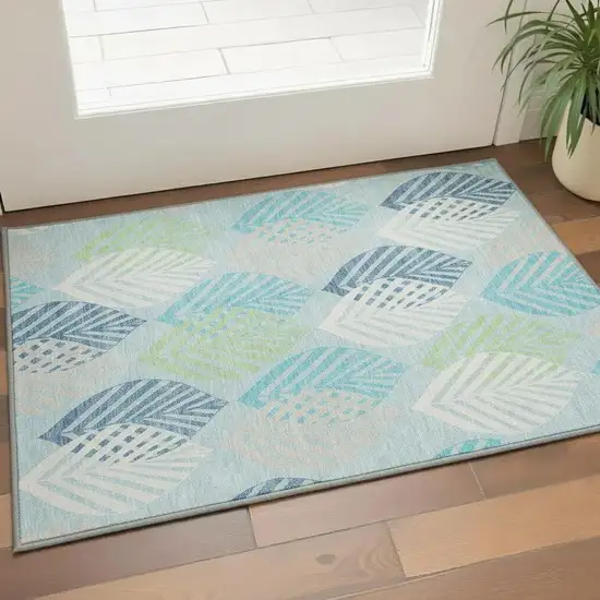 Teal Ivory And Green Floral Washable Area Rug With UV Protection Photo 2