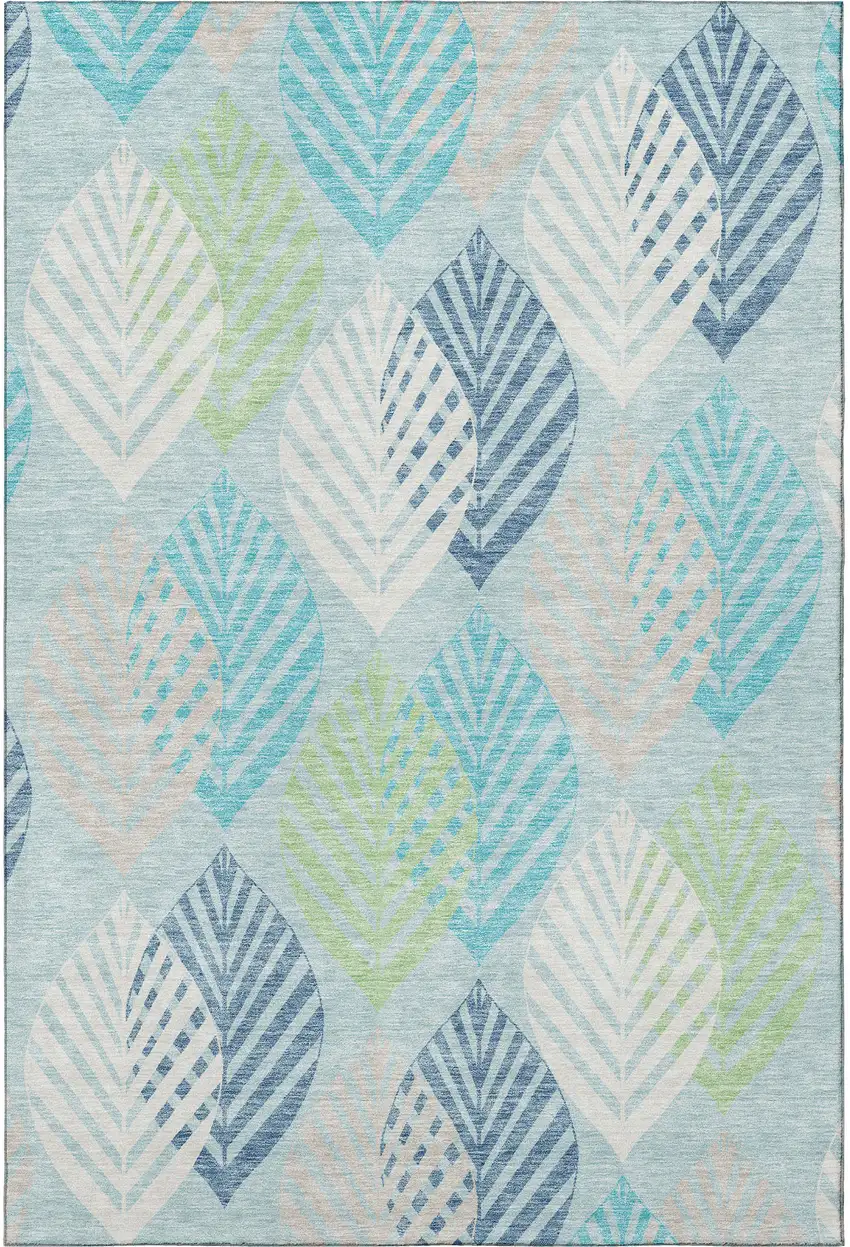 Teal Ivory And Green Floral Washable Area Rug With UV Protection Photo 4