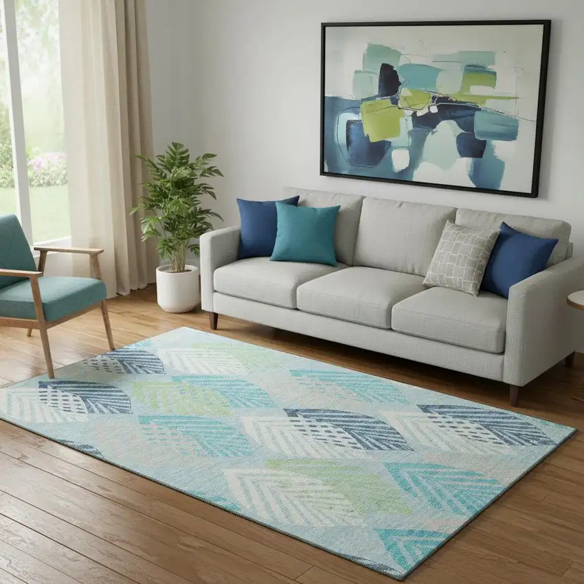 Teal Ivory And Green Floral Washable Area Rug With UV Protection Photo 1