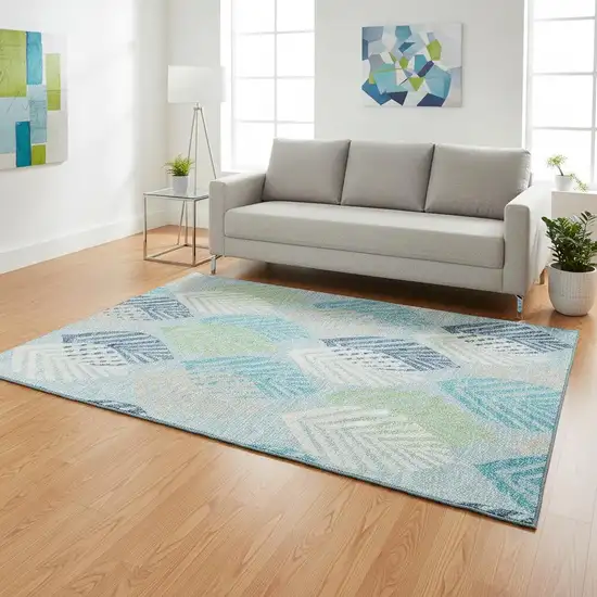 Teal Ivory And Green Floral Washable Area Rug With UV Protection Photo 2