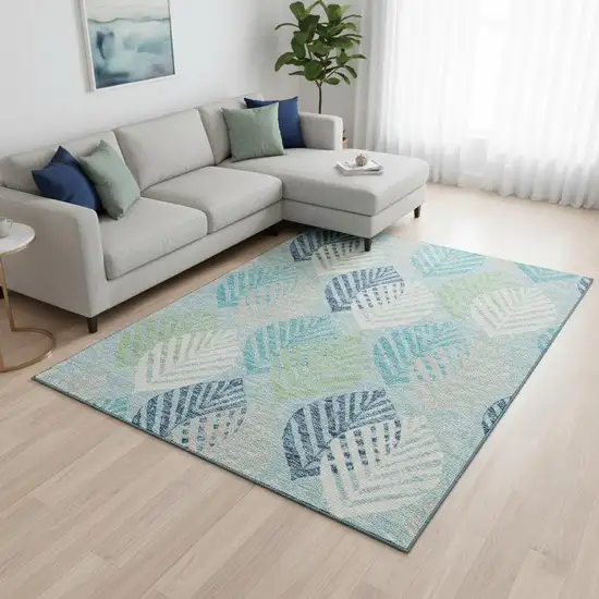 Teal Ivory And Green Floral Washable Area Rug With UV Protection Photo 2