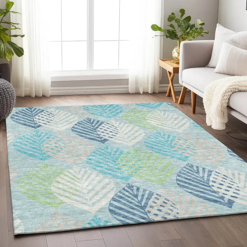 Teal Ivory And Green Floral Washable Area Rug With UV Protection Photo 5