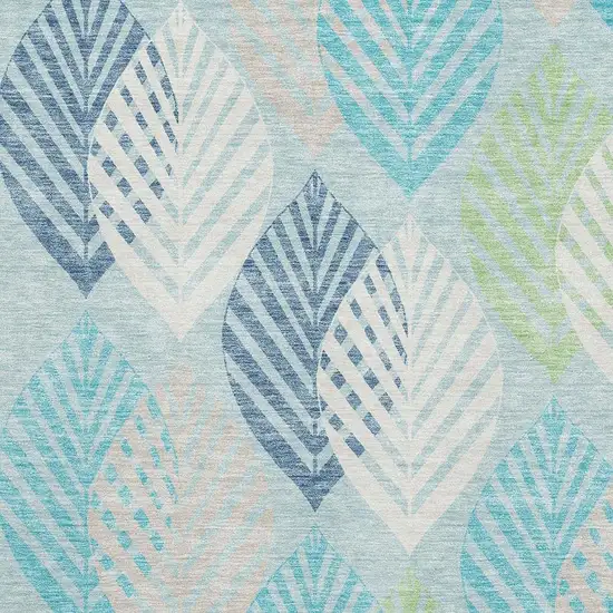Teal Ivory And Green Floral Washable Area Rug With UV Protection Photo 3