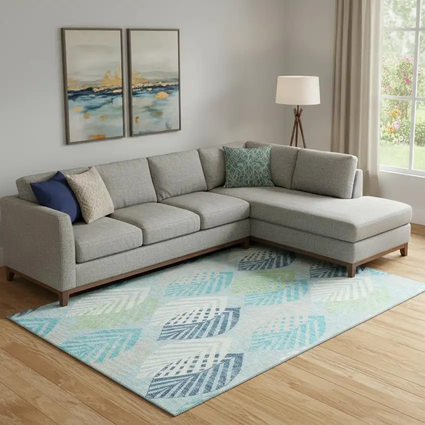 Teal Ivory And Green Floral Washable Area Rug With UV Protection Photo 1