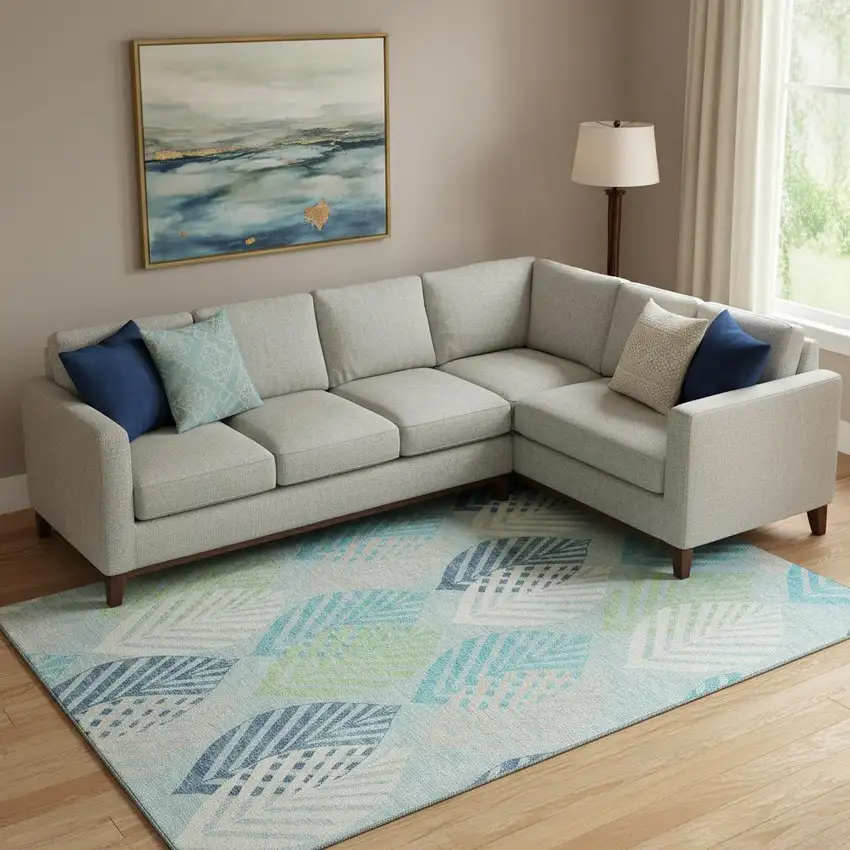 Teal Ivory And Green Floral Washable Area Rug With UV Protection Photo 1