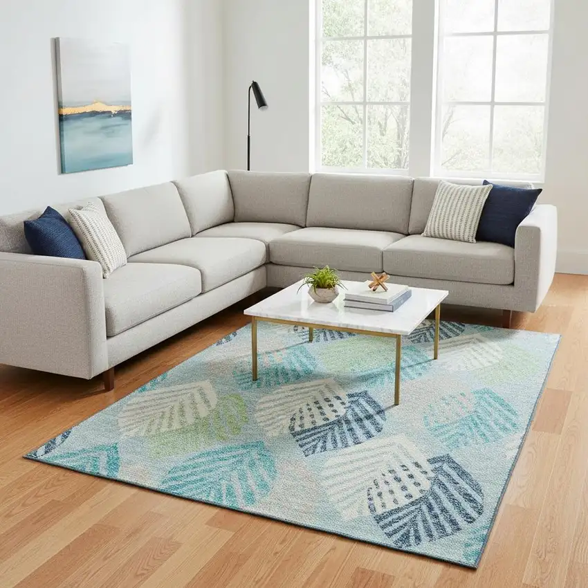 Teal Ivory And Green Floral Washable Area Rug With UV Protection Photo 2