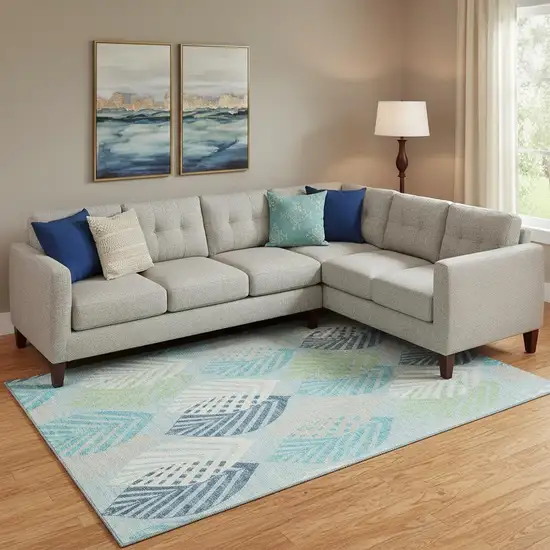 Teal Ivory And Green Floral Washable Area Rug With UV Protection Photo 1