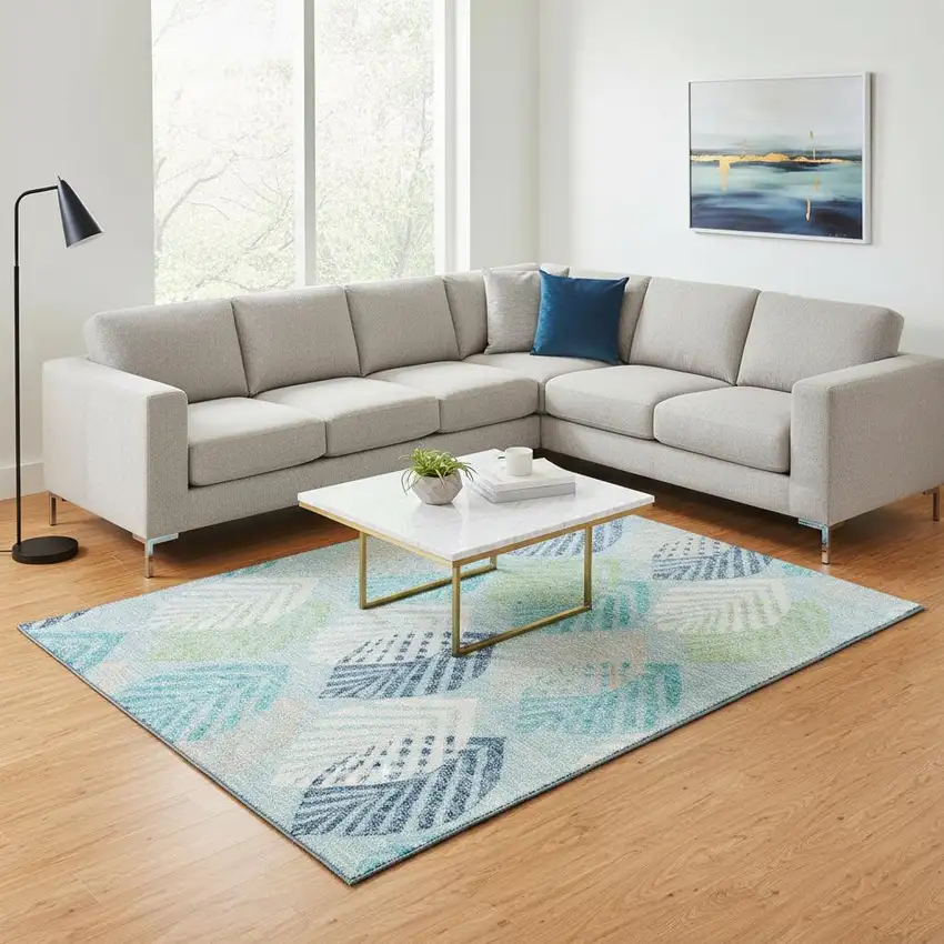 Teal Ivory And Green Floral Washable Area Rug With UV Protection Photo 2