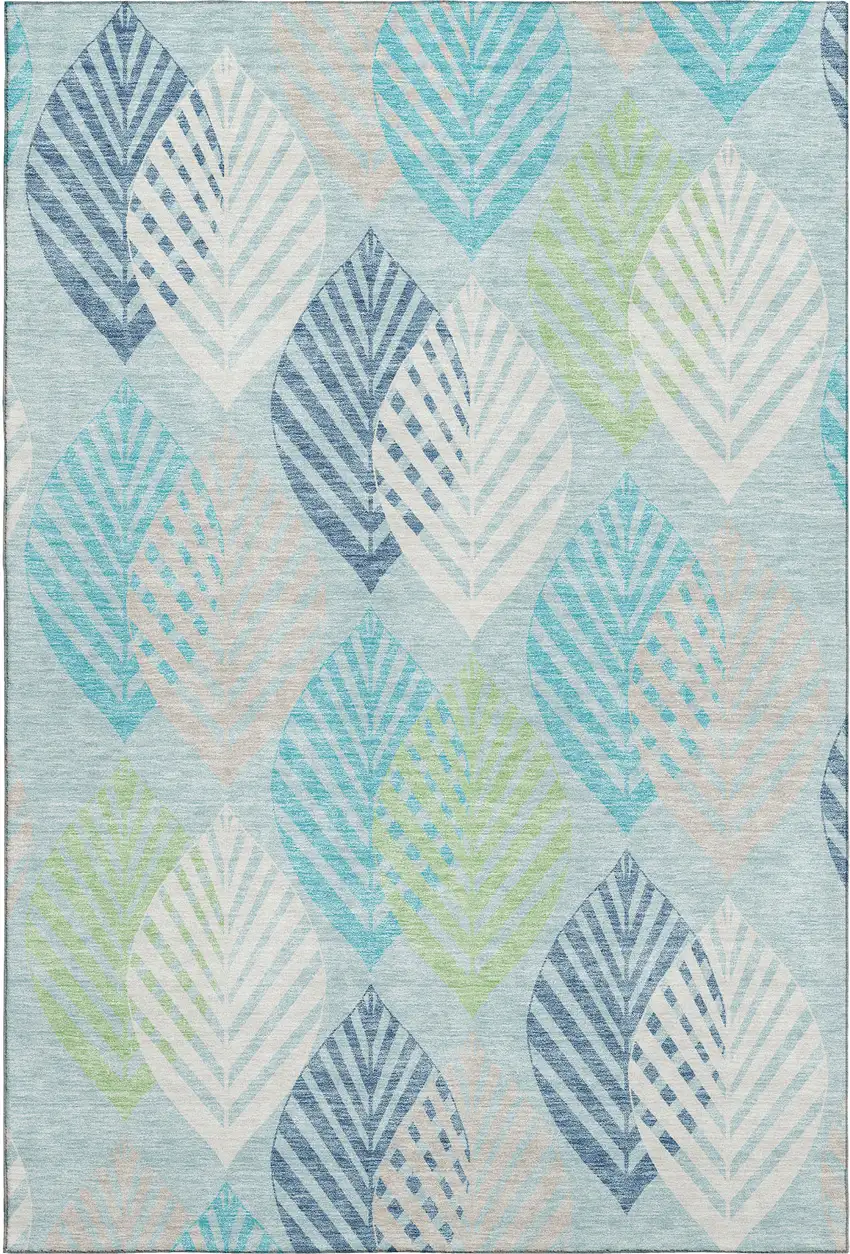 Teal Ivory And Green Floral Washable Area Rug With UV Protection Photo 1