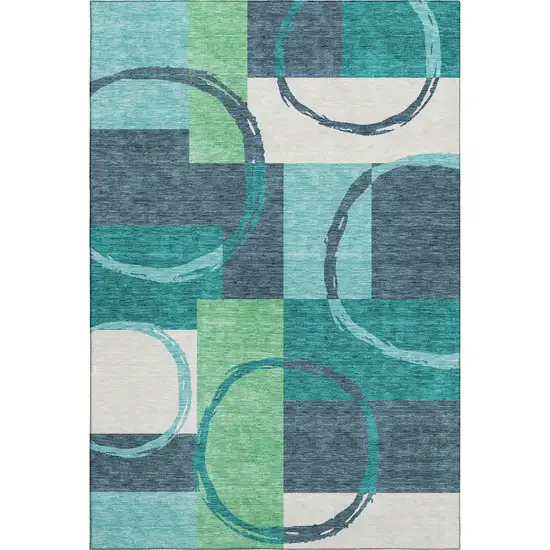 Teal Ivory And Green Geometric Washable Area Rug With UV Protection Photo 1
