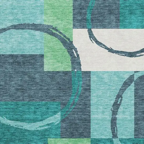 Teal Ivory And Green Geometric Washable Area Rug With UV Protection Photo 2
