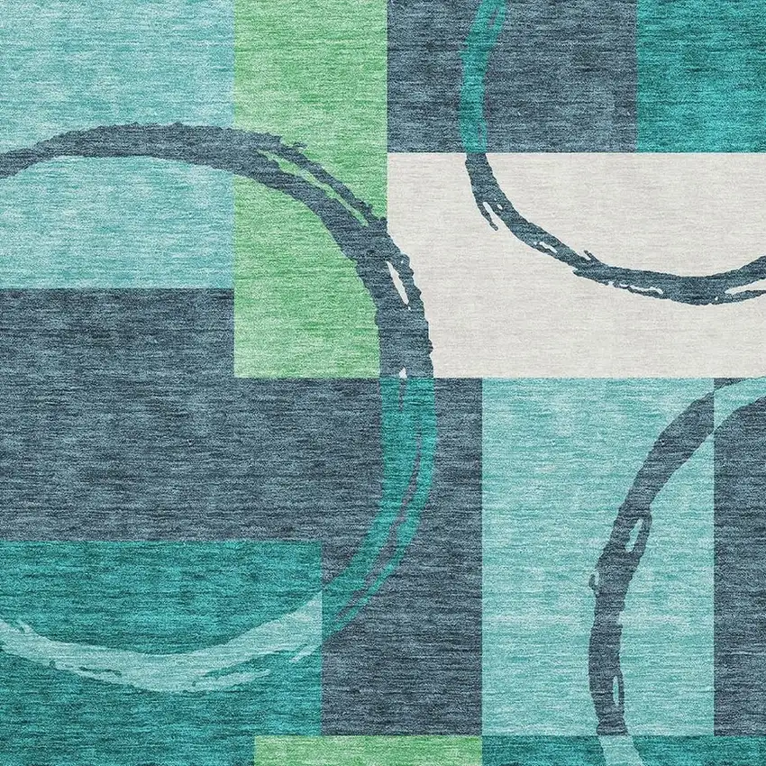 Teal Ivory And Green Geometric Washable Area Rug With UV Protection Photo 2