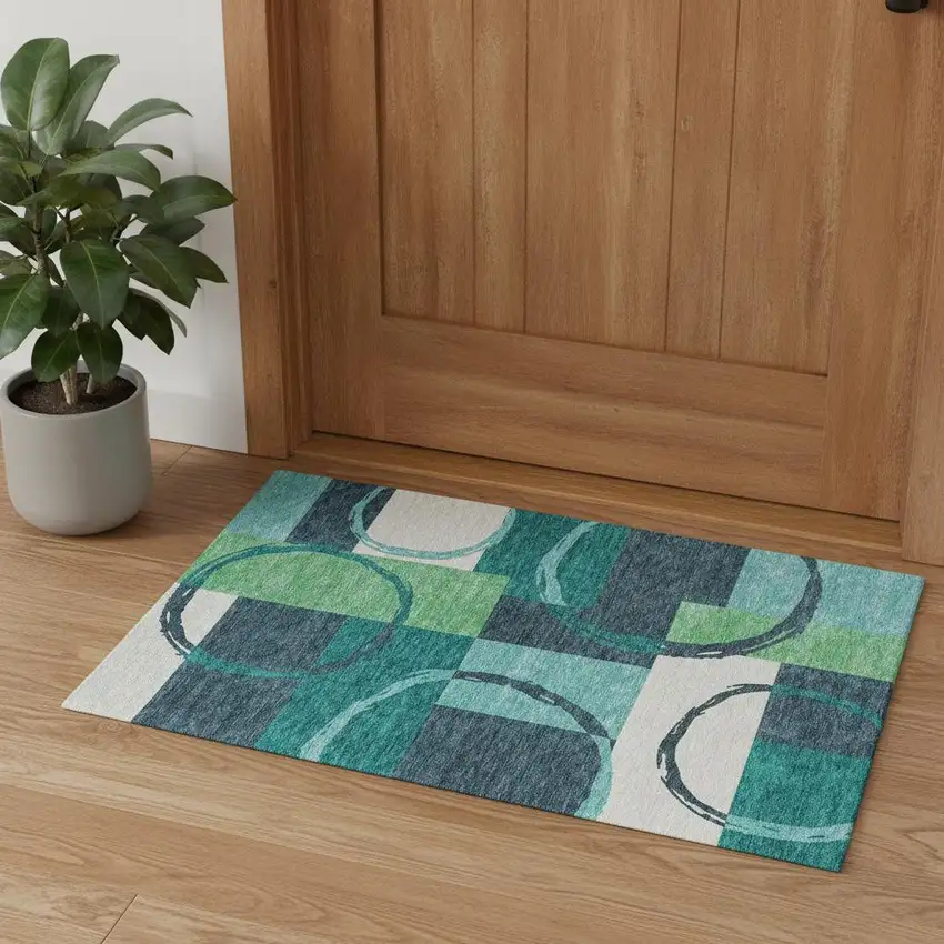 Teal Ivory And Green Geometric Washable Area Rug With UV Protection Photo 1