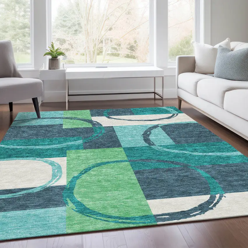 Teal Ivory And Green Geometric Washable Area Rug With UV Protection Photo 5