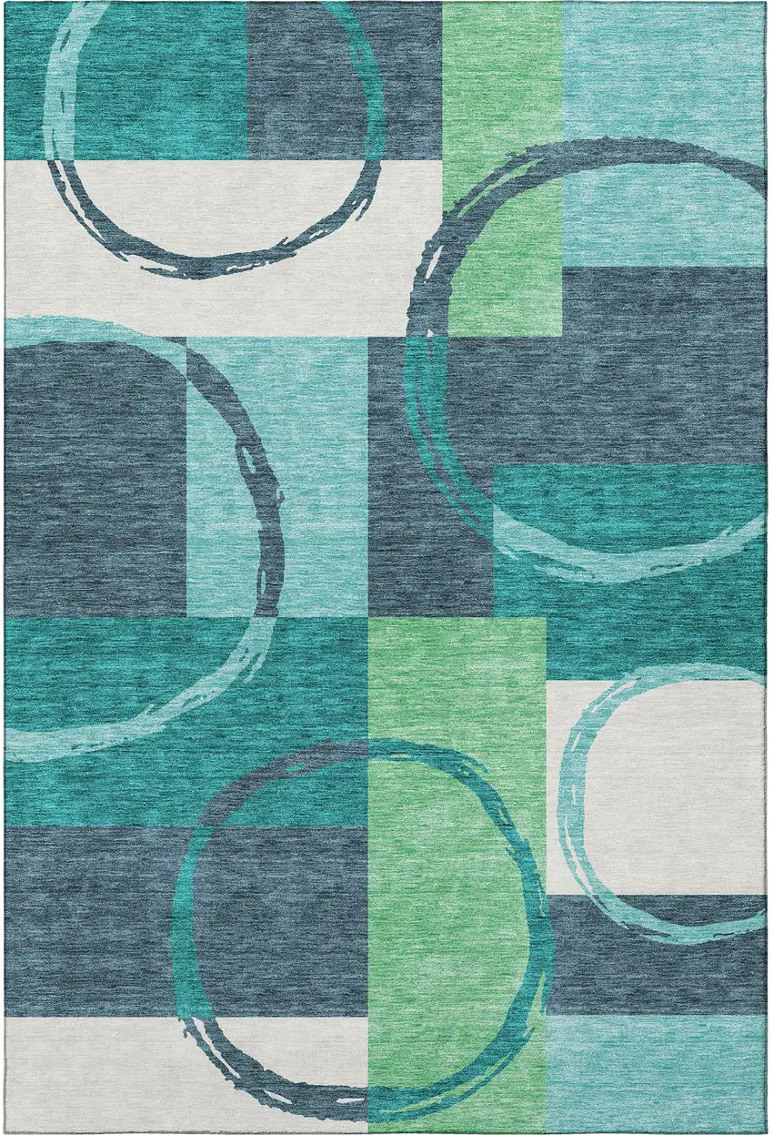 Teal Ivory And Green Geometric Washable Area Rug With UV Protection Photo 2