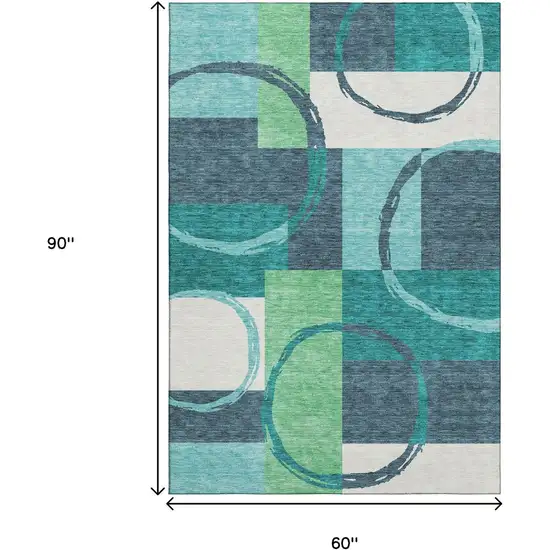 Teal Ivory And Green Geometric Washable Area Rug With UV Protection Photo 9