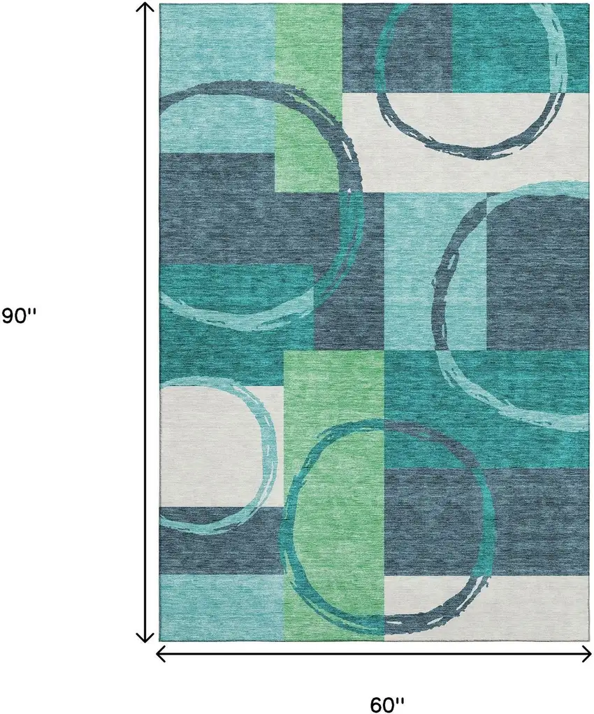 Teal Ivory And Green Geometric Washable Area Rug With UV Protection Photo 9
