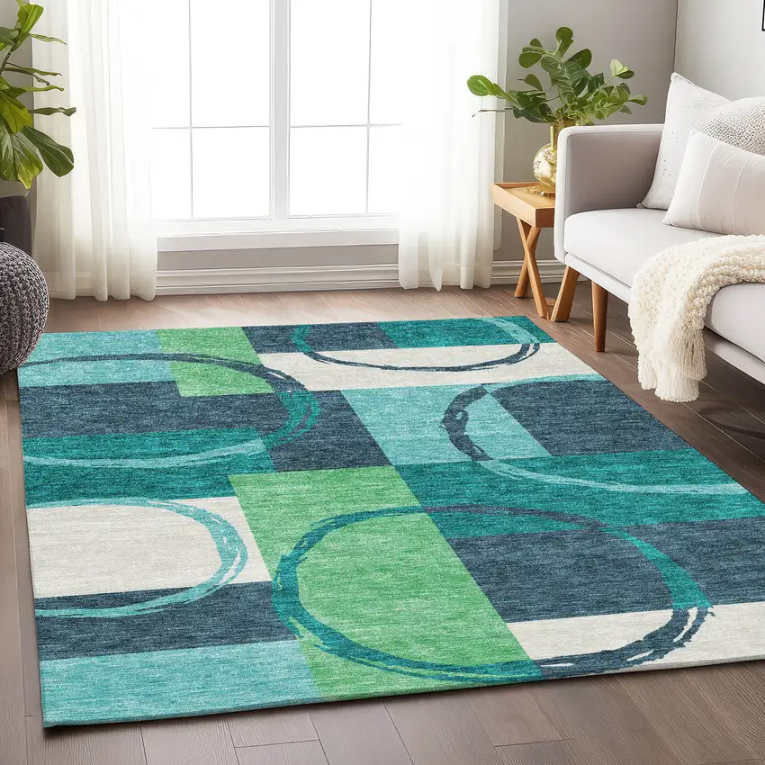 Teal Ivory And Green Geometric Washable Area Rug With UV Protection Photo 3