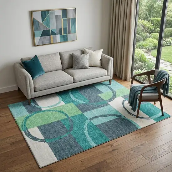 Teal Ivory And Green Geometric Washable Area Rug With UV Protection Photo 1