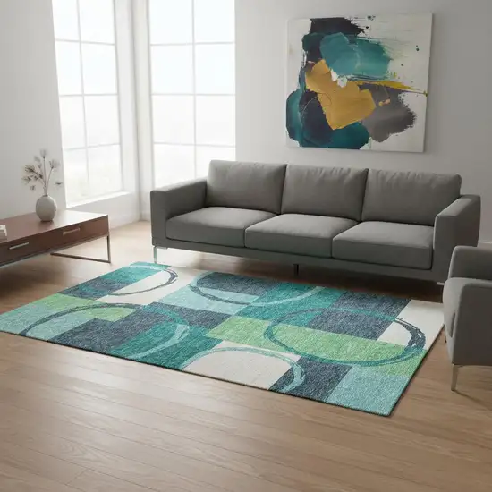 Teal Ivory And Green Geometric Washable Area Rug With UV Protection Photo 2