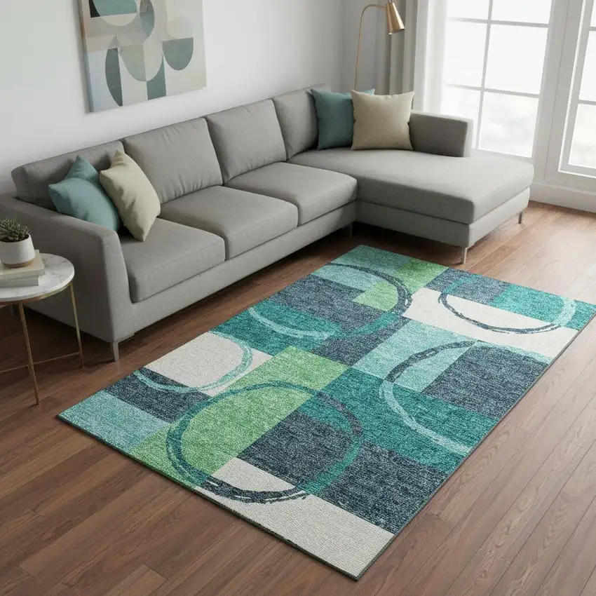 Teal Ivory And Green Geometric Washable Area Rug With UV Protection Photo 2