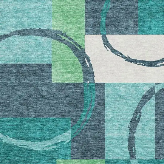 Teal Ivory And Green Geometric Washable Area Rug With UV Protection Photo 2