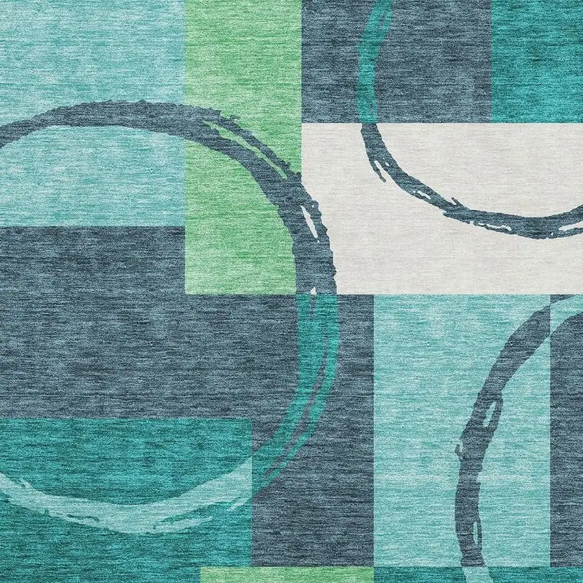 Teal Ivory And Green Geometric Washable Area Rug With UV Protection Photo 2