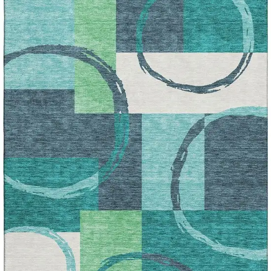 Teal Ivory And Green Geometric Washable Area Rug With UV Protection Photo 3