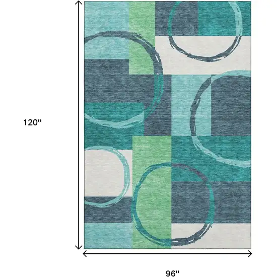 Teal Ivory And Green Geometric Washable Area Rug With UV Protection Photo 9