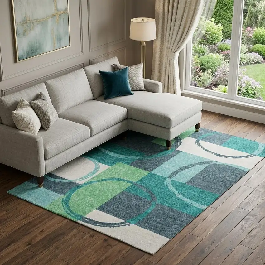 Teal Ivory And Green Geometric Washable Area Rug With UV Protection Photo 1
