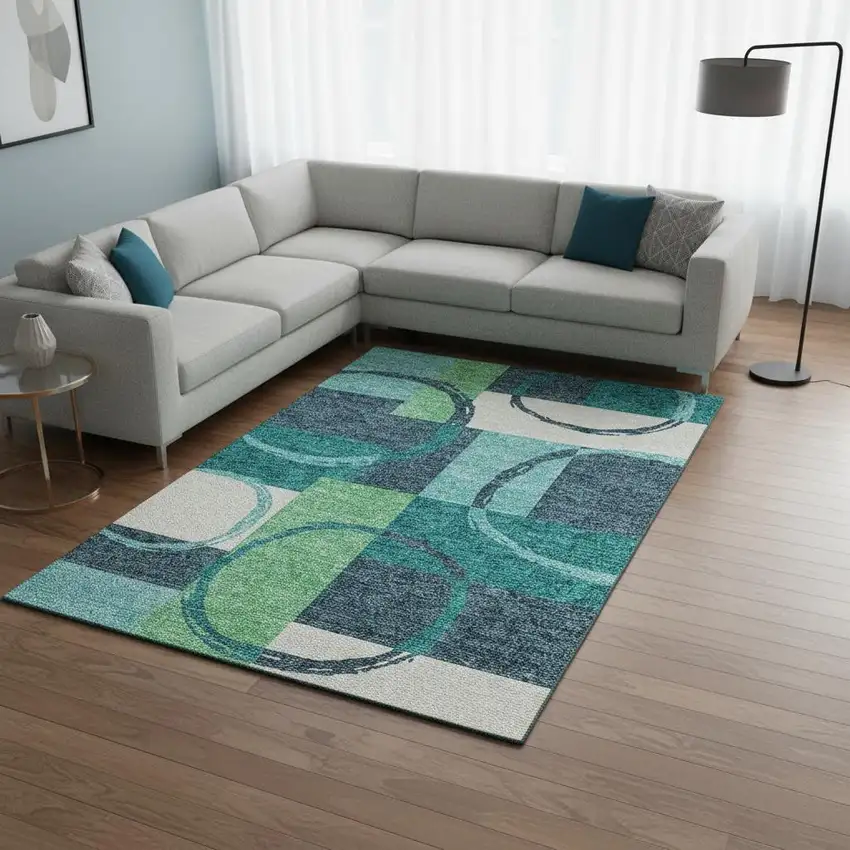 Teal Ivory And Green Geometric Washable Area Rug With UV Protection Photo 2