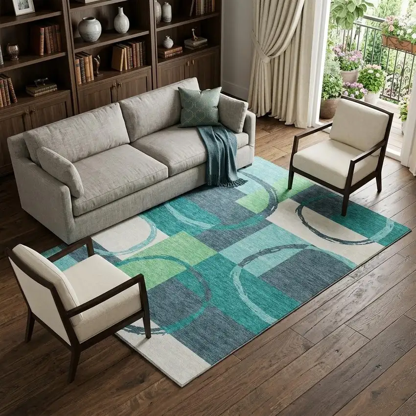 Teal Ivory And Green Geometric Washable Area Rug With UV Protection Photo 1
