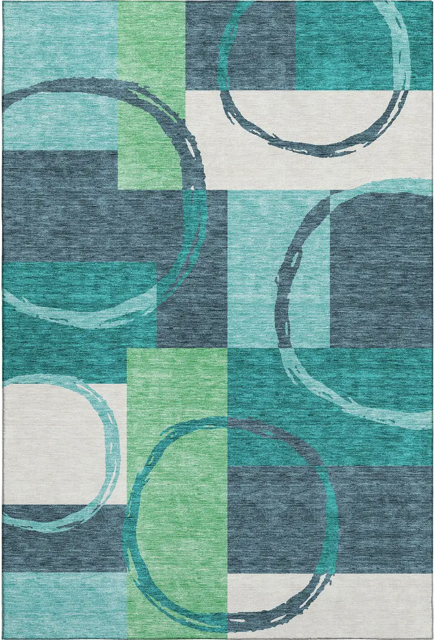 Teal Ivory And Green Geometric Washable Area Rug With UV Protection Photo 1