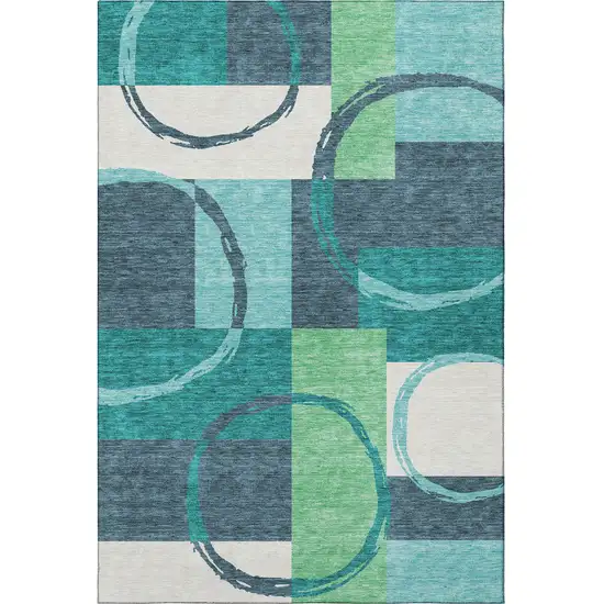 Teal Ivory And Green Geometric Washable Area Rug With UV Protection Photo 3