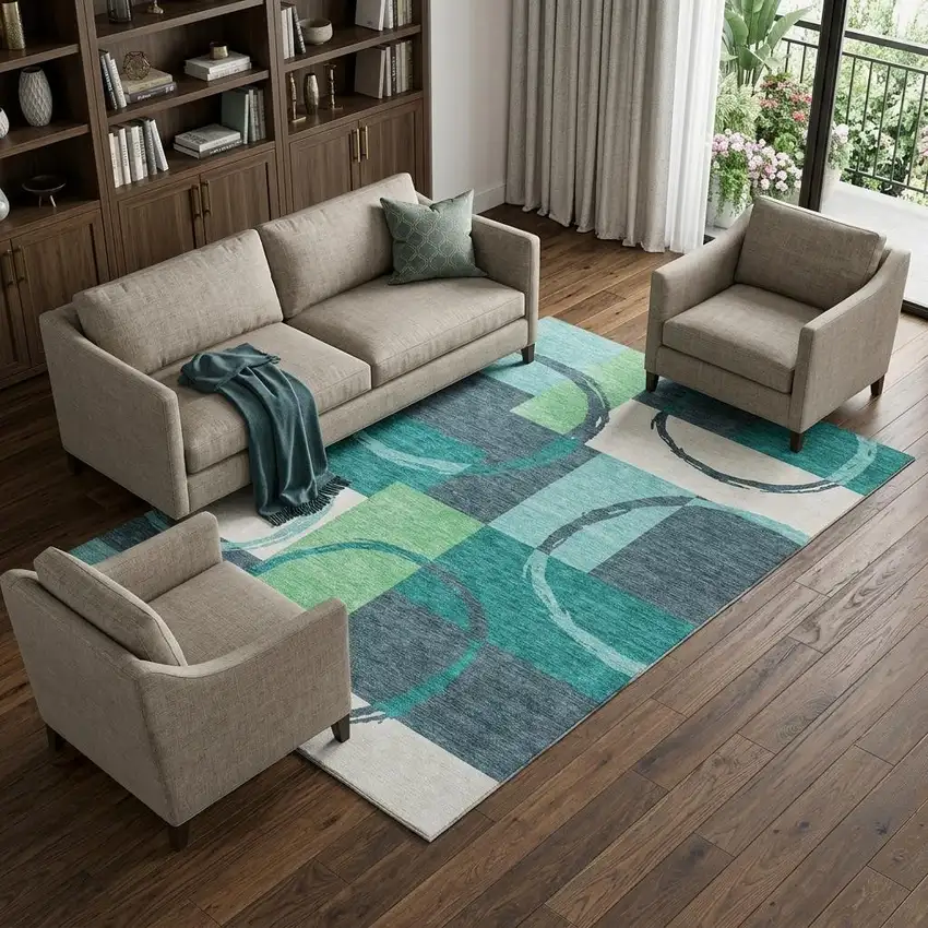 Teal Ivory And Green Geometric Washable Area Rug With UV Protection Photo 1