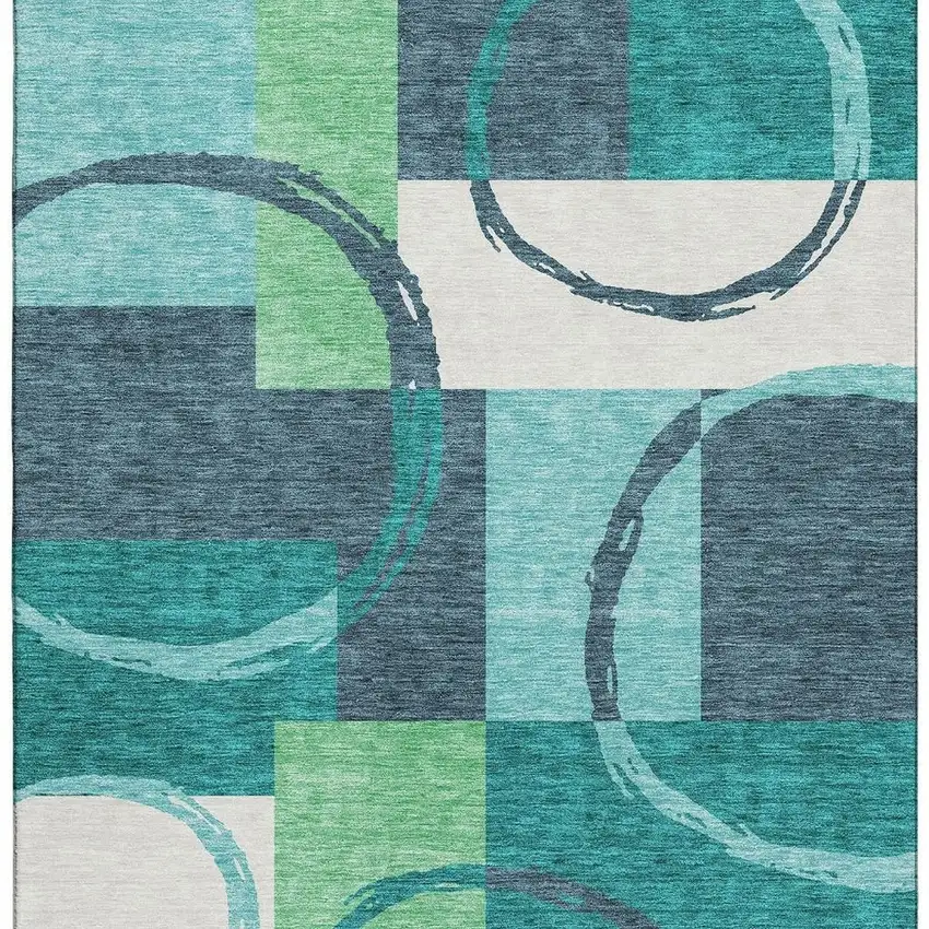 Teal Ivory And Green Geometric Washable Area Rug With UV Protection Photo 3