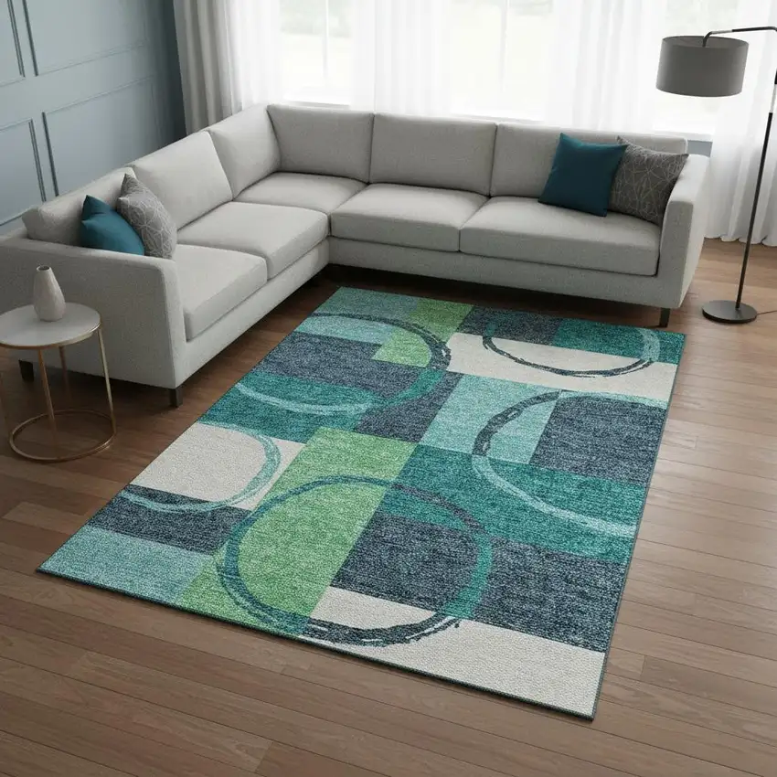 Teal Ivory And Green Geometric Washable Area Rug With UV Protection Photo 2