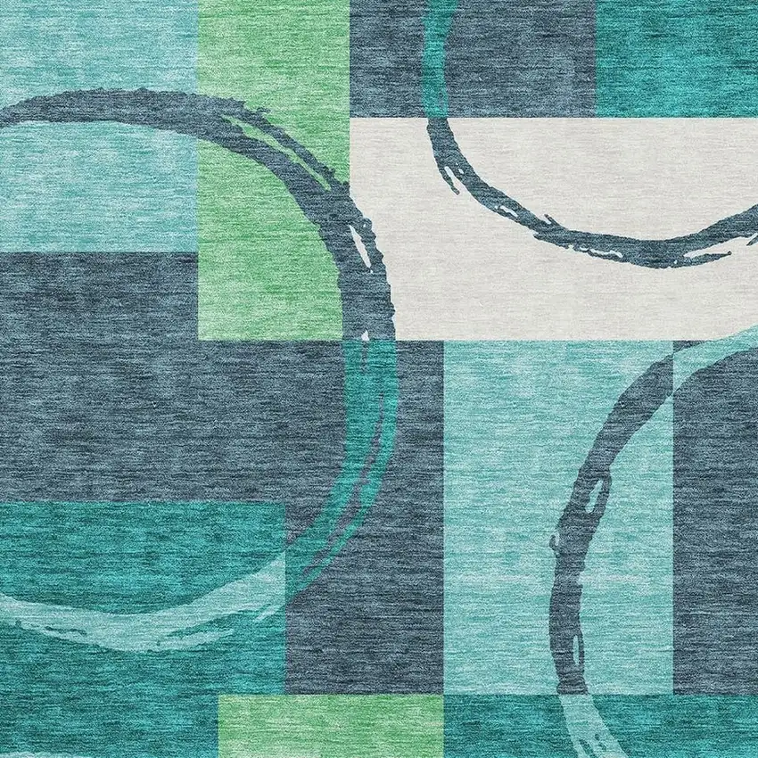 Teal Ivory And Green Geometric Washable Area Rug With UV Protection Photo 2