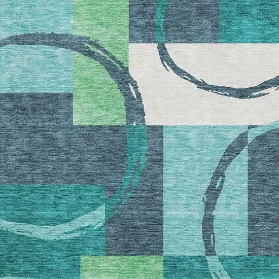 Teal Ivory And Green Geometric Washable Area Rug With UV Protection Photo 2