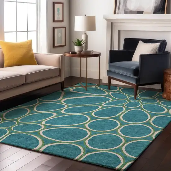 Teal Ivory And Green Geometric Washable Area Rug With UV Protection Photo 4