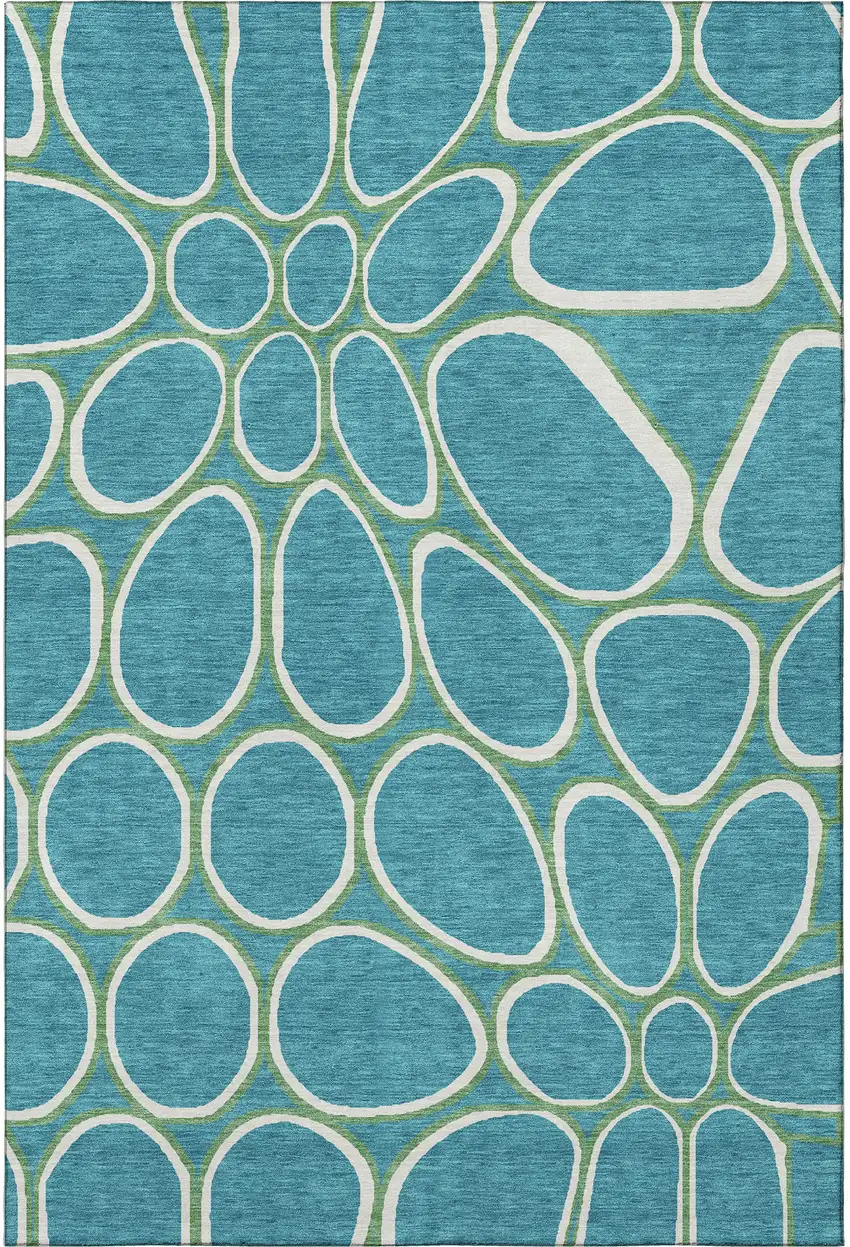 Teal Ivory And Green Geometric Washable Area Rug With UV Protection Photo 3