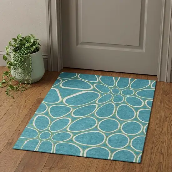 Teal Ivory And Green Geometric Washable Area Rug With UV Protection Photo 1