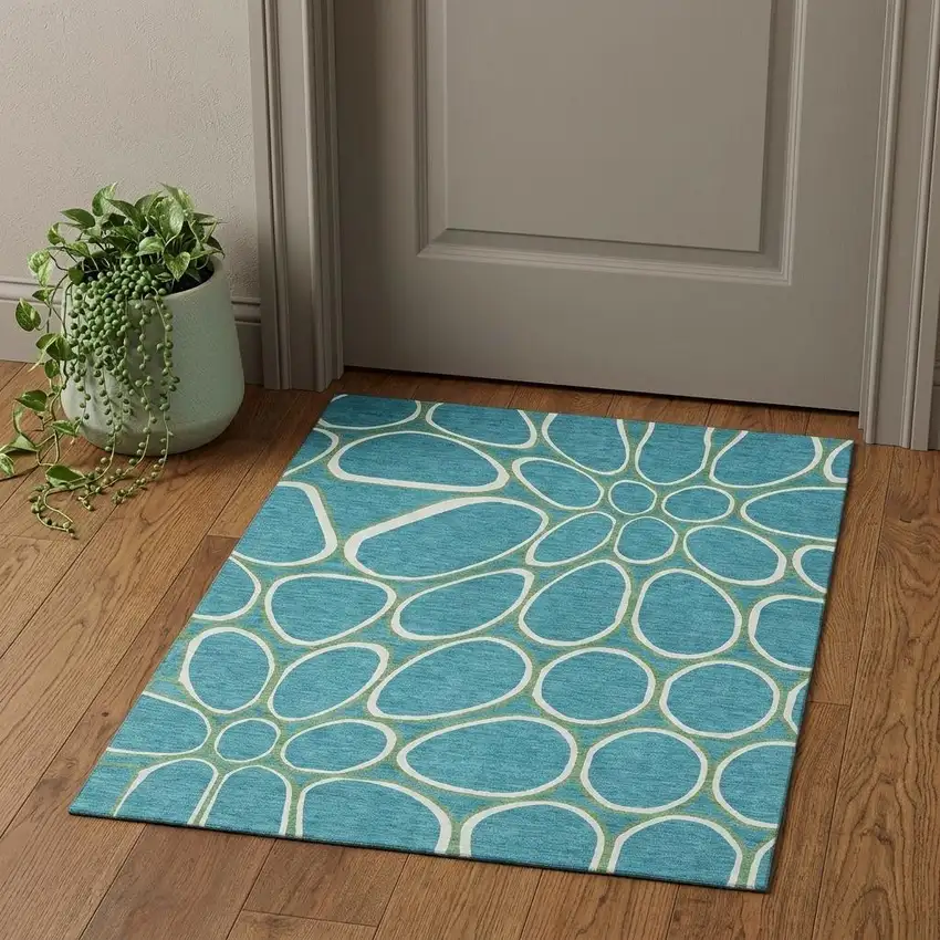 Teal Ivory And Green Geometric Washable Area Rug With UV Protection Photo 1