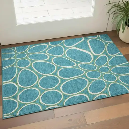 Teal Ivory And Green Geometric Washable Area Rug With UV Protection Photo 2