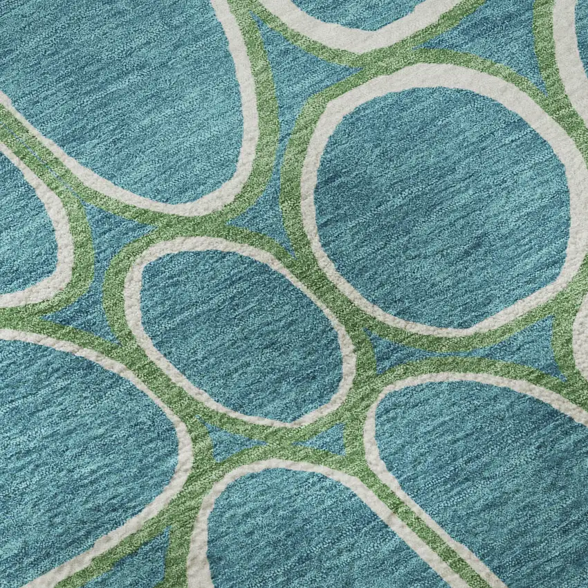 Teal Ivory And Green Geometric Washable Area Rug With UV Protection Photo 9