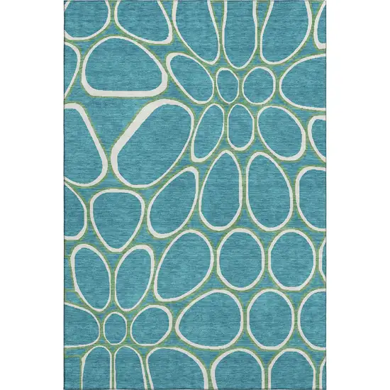 Teal Ivory And Green Geometric Washable Area Rug With UV Protection Photo 1