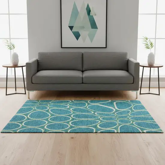 Teal Ivory And Green Geometric Washable Area Rug With UV Protection Photo 2