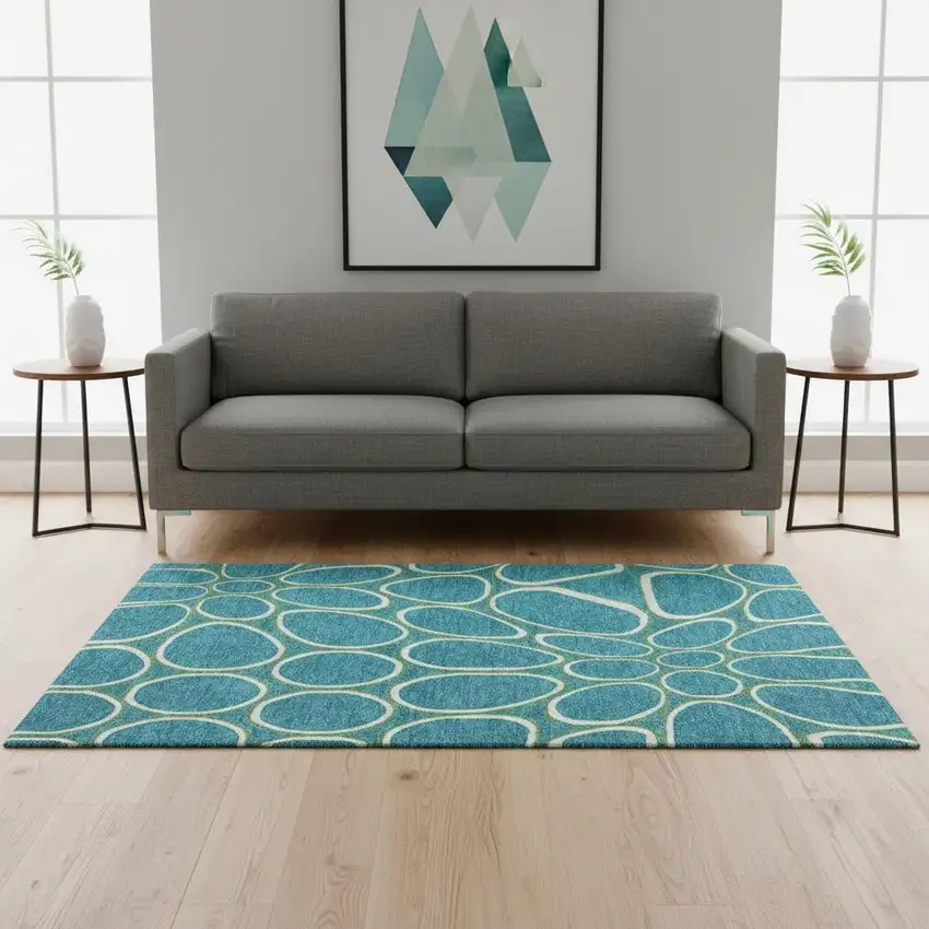 Teal Ivory And Green Geometric Washable Area Rug With UV Protection Photo 2