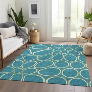 Photo of Teal Ivory And Green Geometric Washable Area Rug With UV Protection