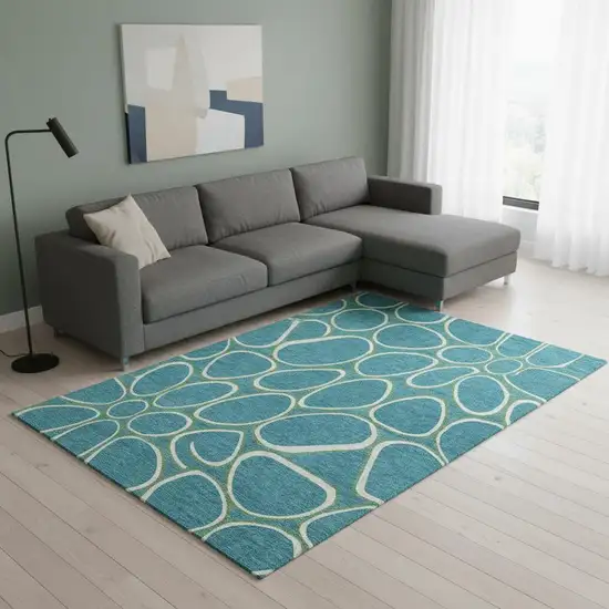 Teal Ivory And Green Geometric Washable Area Rug With UV Protection Photo 2